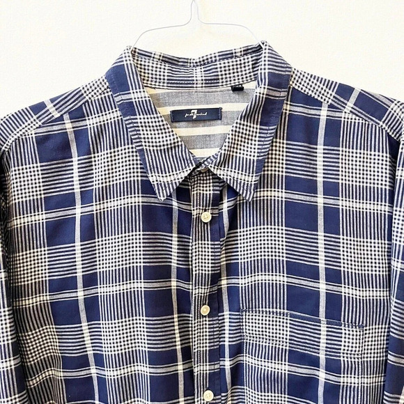 7 for All Mankind Mens Navy Blue Plaid Button Shirt XL Long Sleeve Cotton Collar - Picture 2 of 7